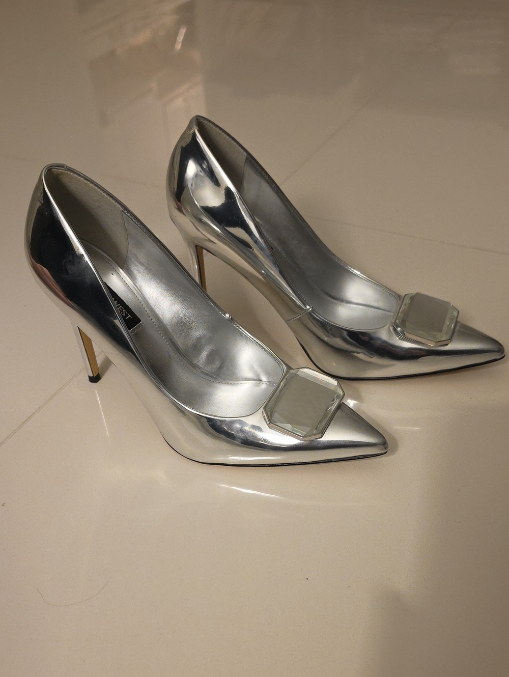 Nine West Silver Pointed Toe Stiletto Pumps with Gem Accent